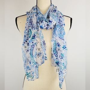 Boho White Blue Green Floral Oblong Scarf